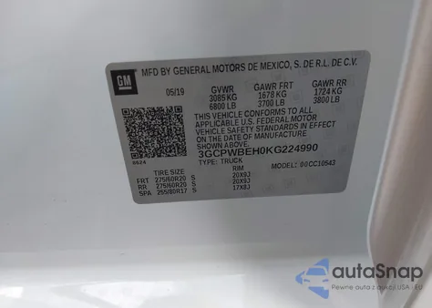 2019 Chevrolet Silverado 1500 Custom from USA, damaged, VIN 3GCPWBEH0KG224990